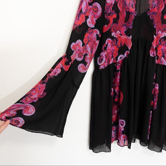 Free People Printed Symphony Sheer Slip Tunic Paisley Bell Sleeve Dress - Picture 3 of 10